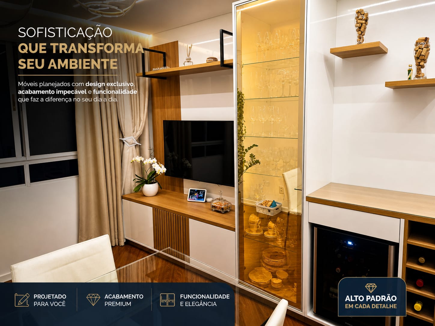 Sala de estar com painel de TV e cristaleira iluminada